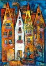 City of Parti-colored Houses Cycle City, 1999, 70�50 Oil on canvas, Cycle City. Color. Image.